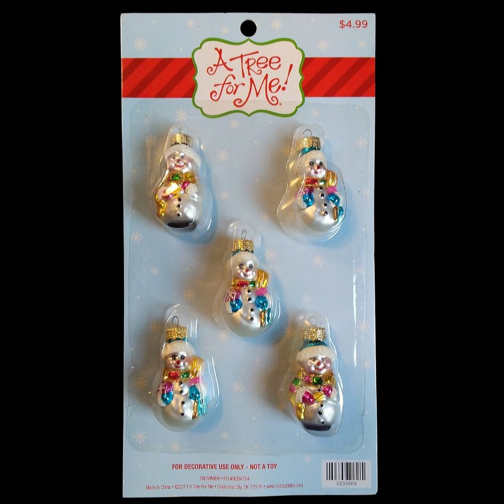 Miniature Snowman Christmas Ornaments Glass Jewel Colors Glitter Set of 5 NIP